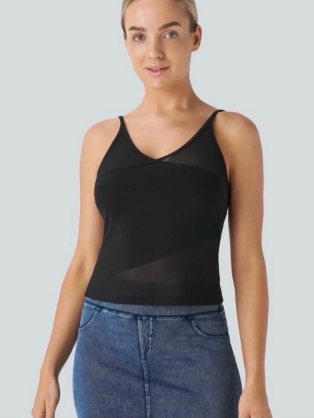 Halara Cropped Mesh Overlay Tank Black - Picture 2 of 5